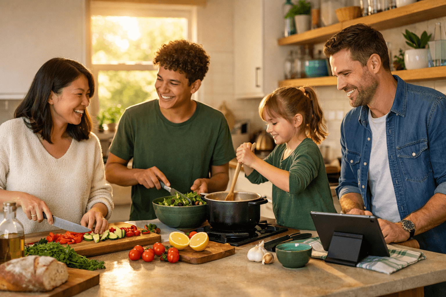A family cooking together in a warm, sunlit kitchen
